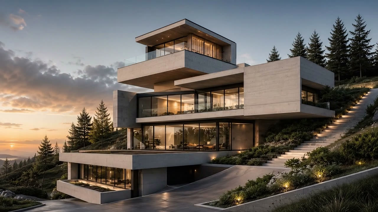 La vivienda terminada iluminada al atardecer sobre el valle.