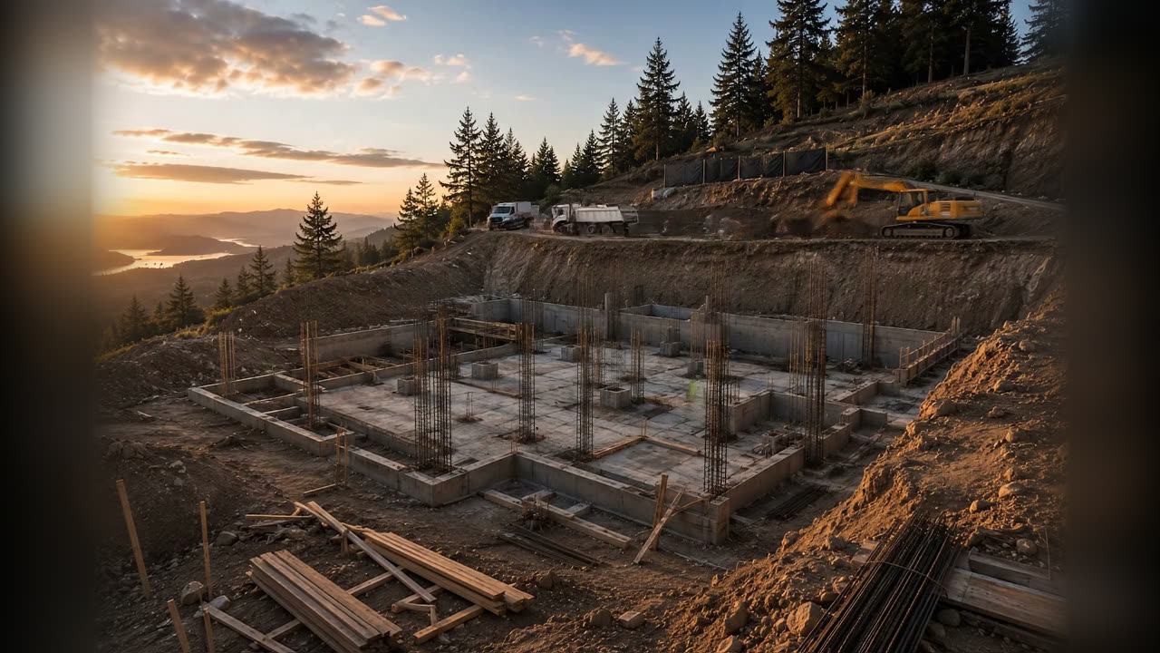 Excavación y cimentación de la vivienda sobre la ladera al amanecer.