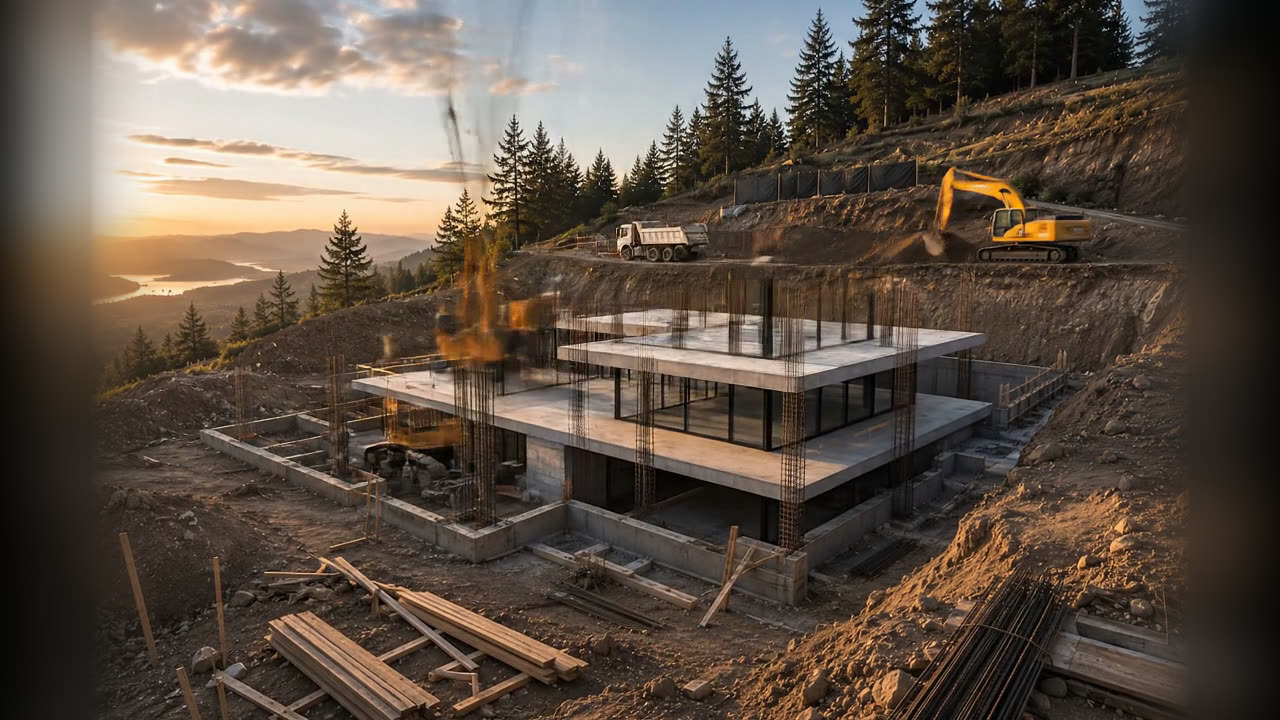 Estructura de concreto en crecimiento con grúa sobre el terreno.