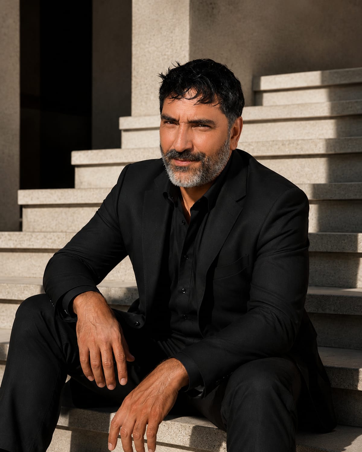 Manuel Alberto Bonilla Vélez, arquitecto, sentado en una escalinata de piedra clara.