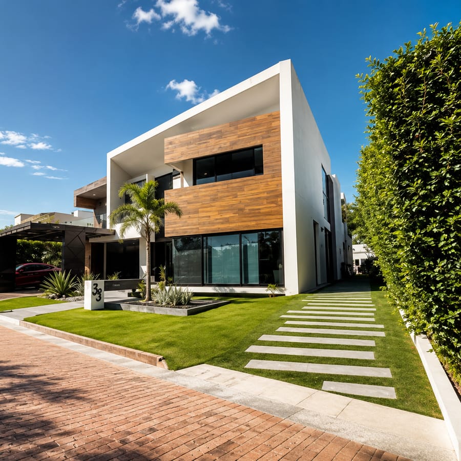 Residencia de dos niveles: volumen blanco, franjas de madera horizontal, ventanales negros y huellas de concreto en prado.