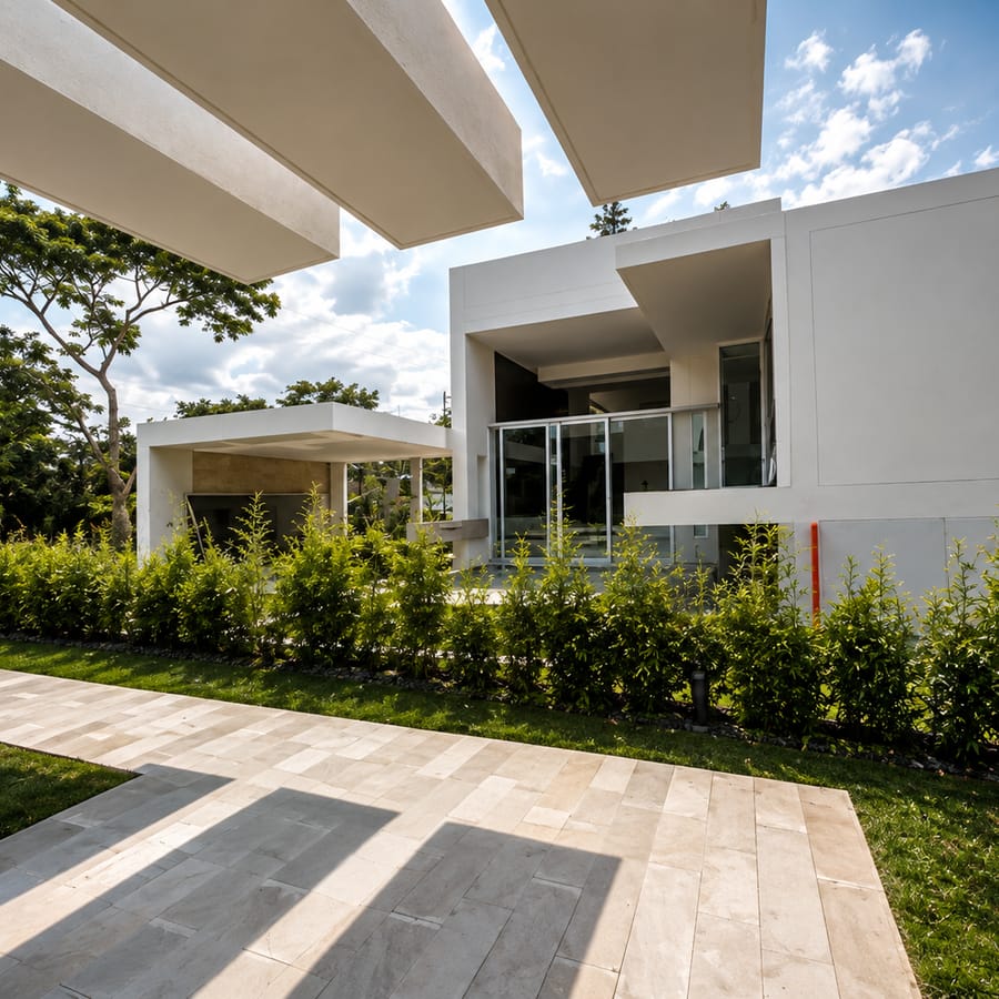 Fachada de residencia blanca con vigas en voladizo, ventanal corredizo y sendero de piedra clara sobre jardín.