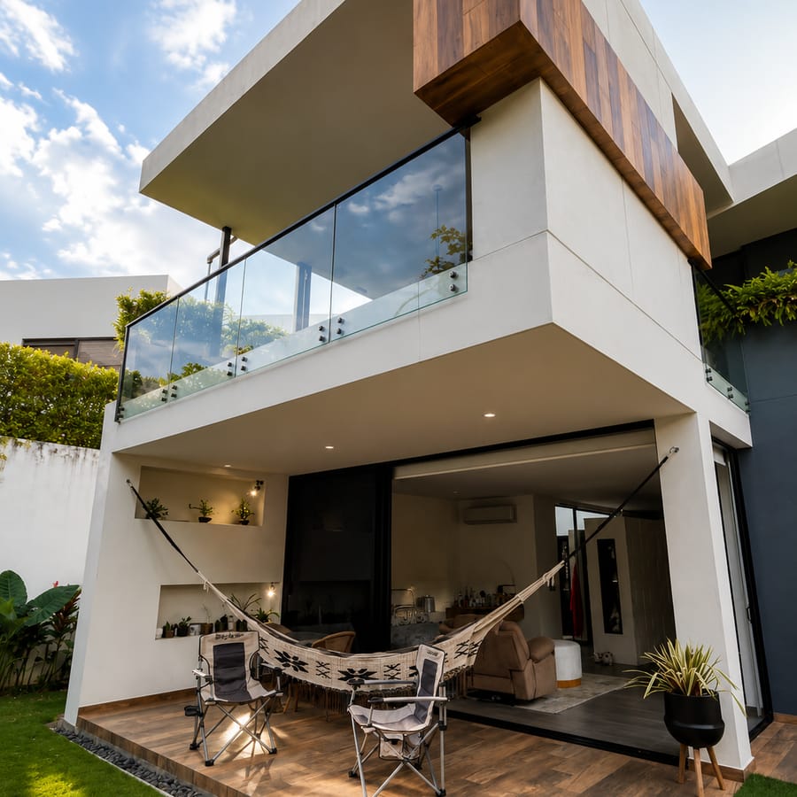 Fachada posterior de casa de dos niveles: voladizo blanco, volumen en madera y terraza con hamaca sobre deck.