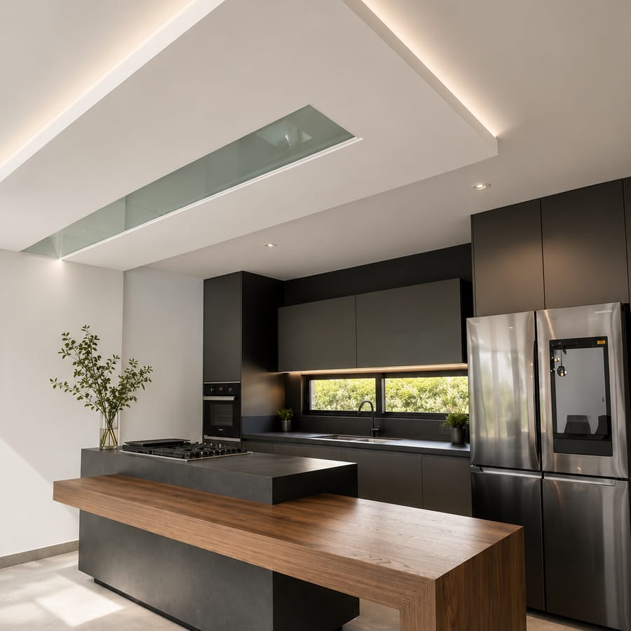Cocina abierta con isla oscura, mesa de madera de nogal cruzada y cielo raso blanco con ranura de luz.