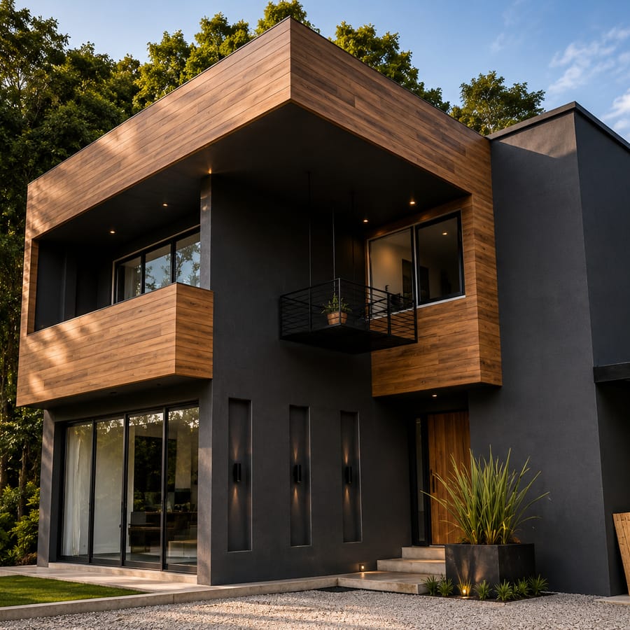 Casa de dos pisos en pañete gris oscuro con volumen superior en madera en voladizo, ventanales negros y patio en grava.
