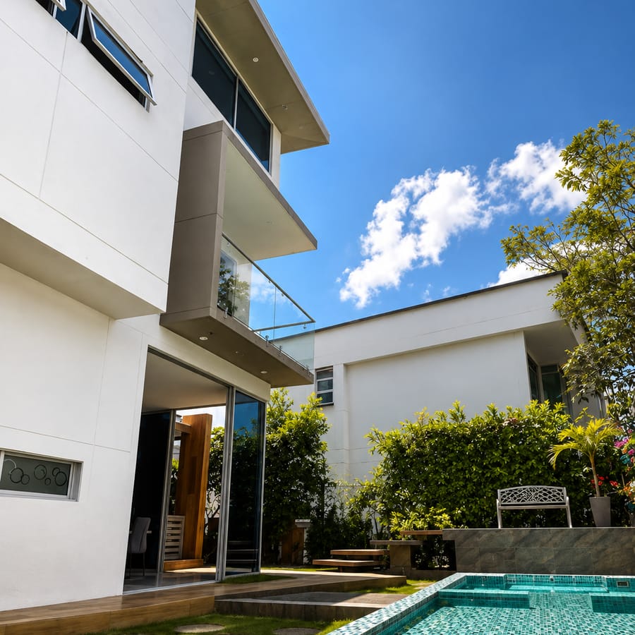Fachada posterior blanca con volumen en voladizo, terraza de madera y piscina de mosaico turquesa junto al césped.