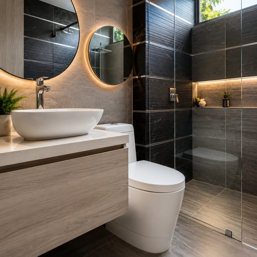 Baño con muro de piedra negra, mueble flotante de madera, dos espejos circulares retroiluminados y ducha en vidrio.