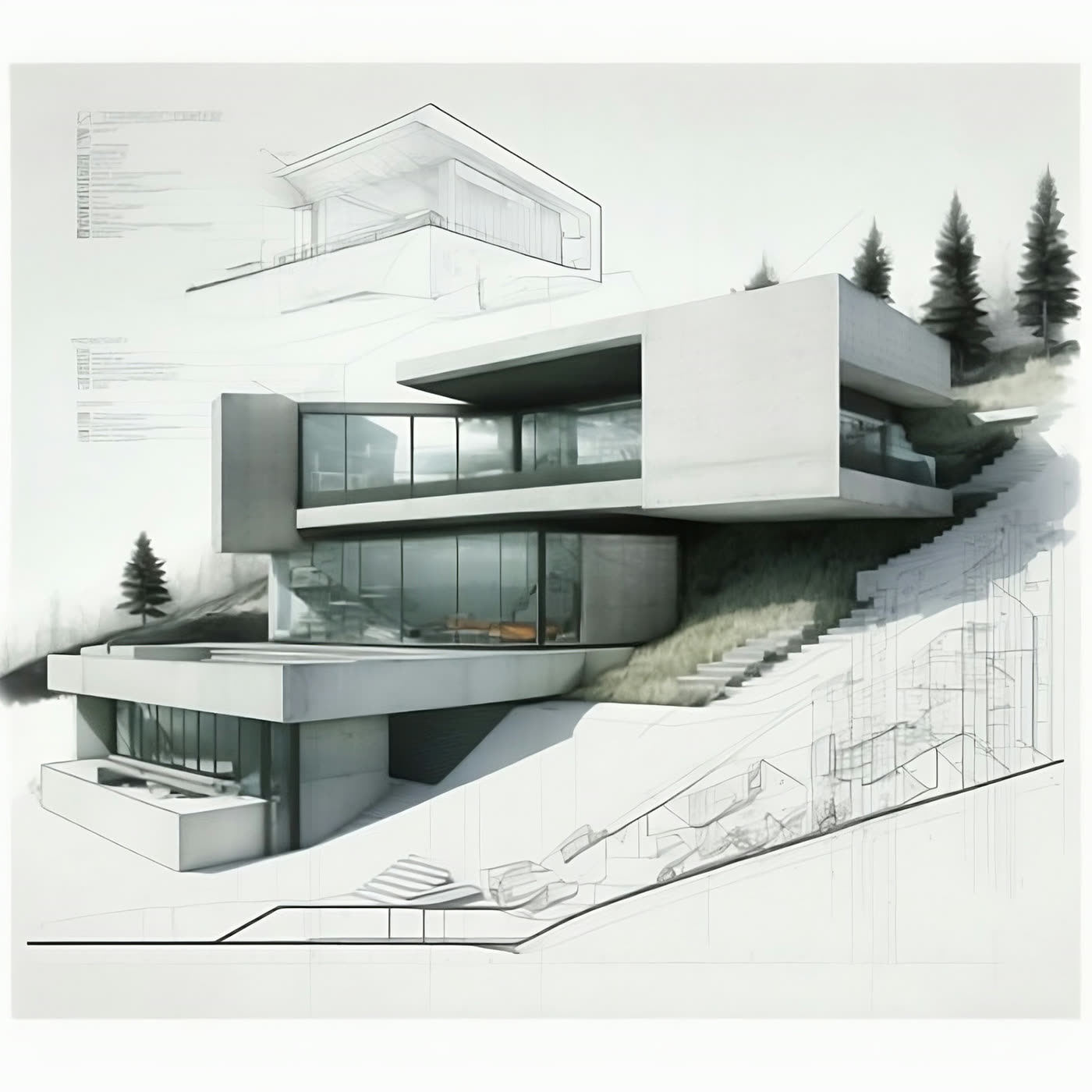 Proyecto de vivienda en ladera: el dibujo técnico se transforma en volumen construido.